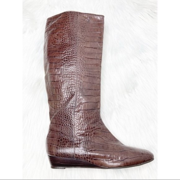 BCBGirls Brown Leather Croc Embossed Tall Pull On Low Wedge Boots 7.5 - Picture 2 of 4